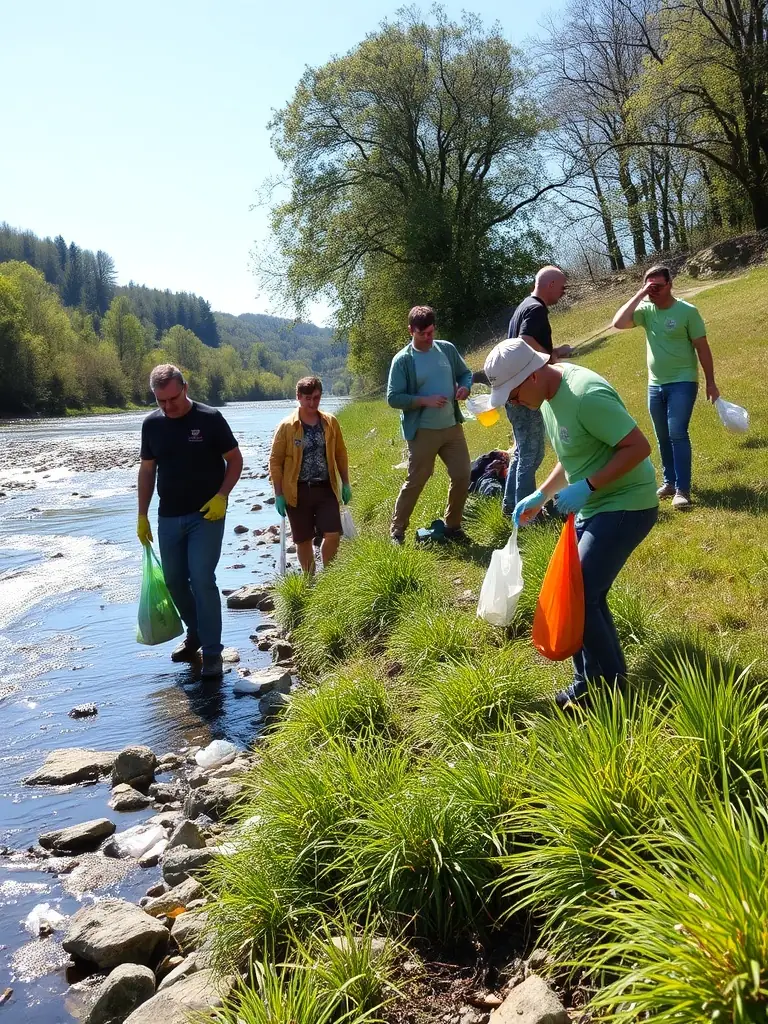 Volunteers cleaning up a riverbank in the Dordogne Valley, representing the environmental awareness campaigns.
