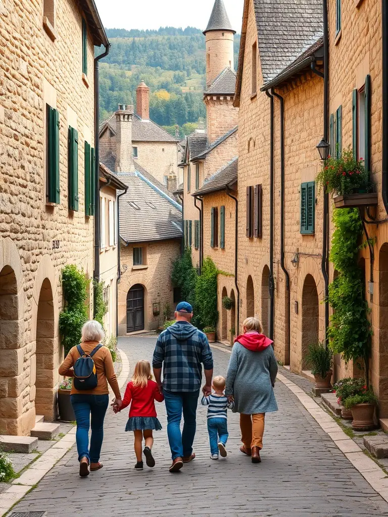 A family participating in a heritage walk through a historic village in the Dordogne Valley, highlighting the cultural activities organized by SEVAD.