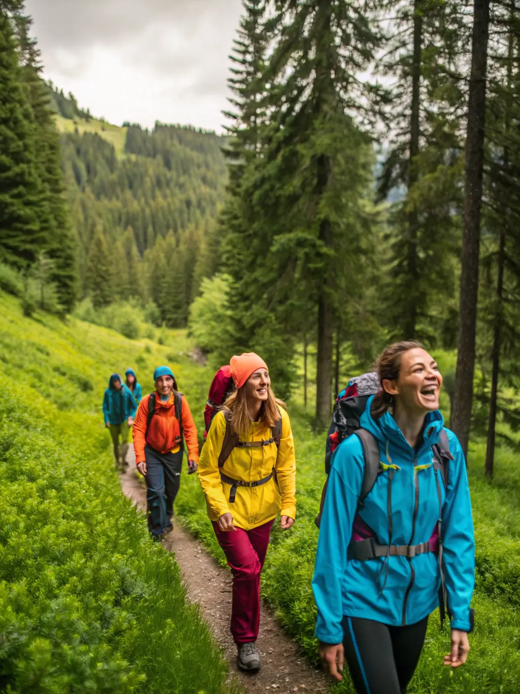 A group of people hiking through a forest trail in the Dordogne Valley, showcasing the beauty of nature and the joy of outdoor activities.