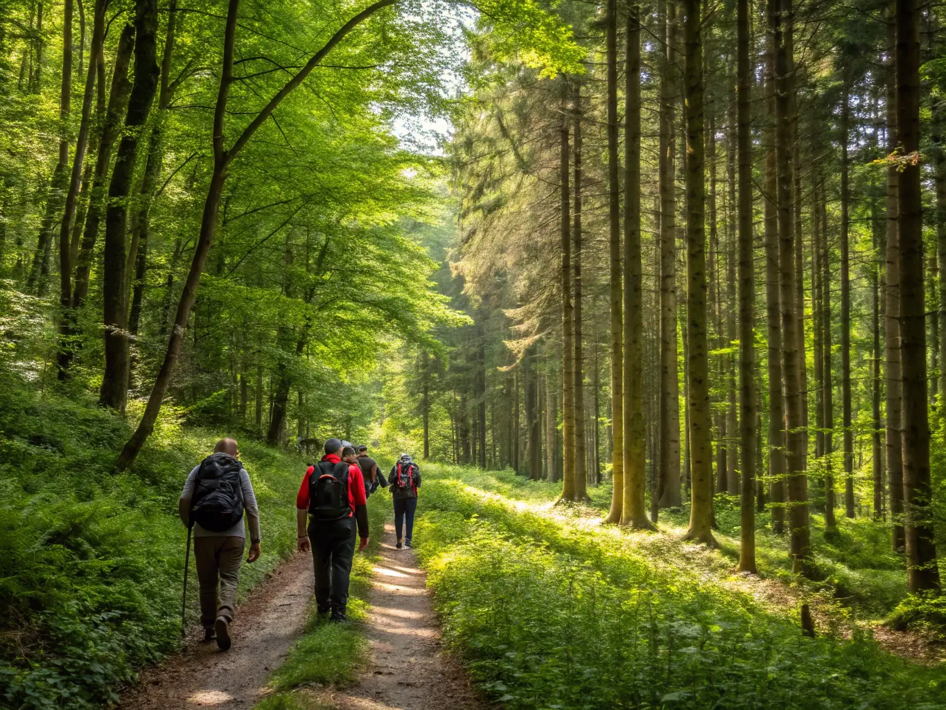 A group of people hiking through a lush forest in the Dordogne Valley, showcasing the nature-based sports programs offered by SEVAD EN CORREZE.