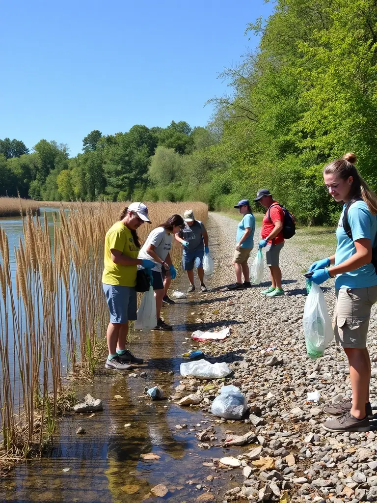 Volunteers cleaning up a section of the Dordogne Riverbank, emphasizing SEVAD's commitment to environmental conservation.