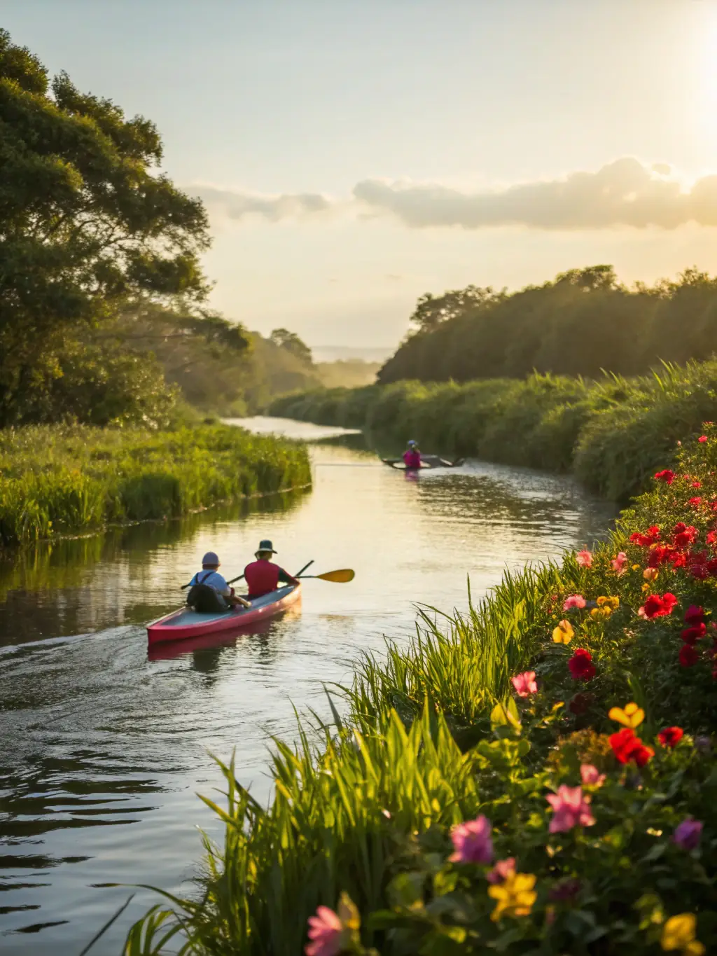 A vibrant image of a group of people kayaking on the Dordogne River surrounded by lush greenery, showcasing outdoor adventure and community participation.