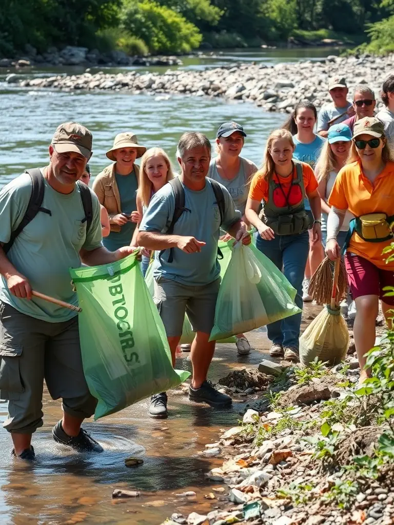 A photo of volunteers participating in a river clean-up, collecting trash along the riverbank with scenic views of the valley.