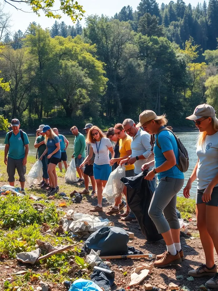A photo of volunteers participating in a river clean-up, collecting trash along the riverbank with scenic views of the valley.