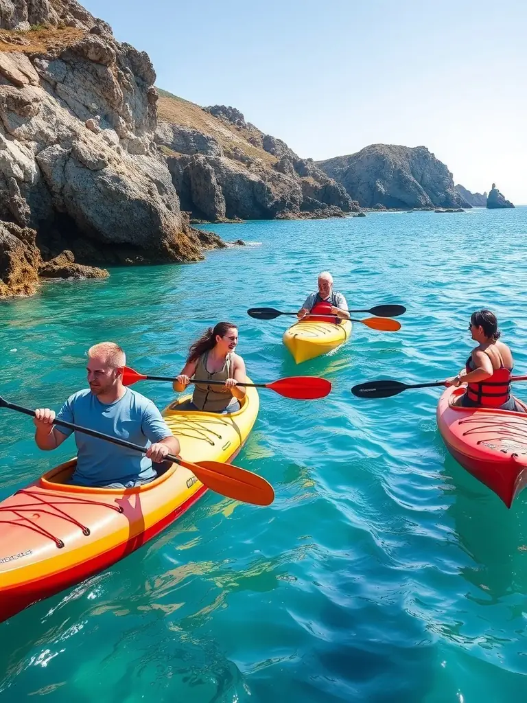A group of people kayaking down the Dordogne River on a sunny day, showcasing the nature-based sports program offered by SEVAD.