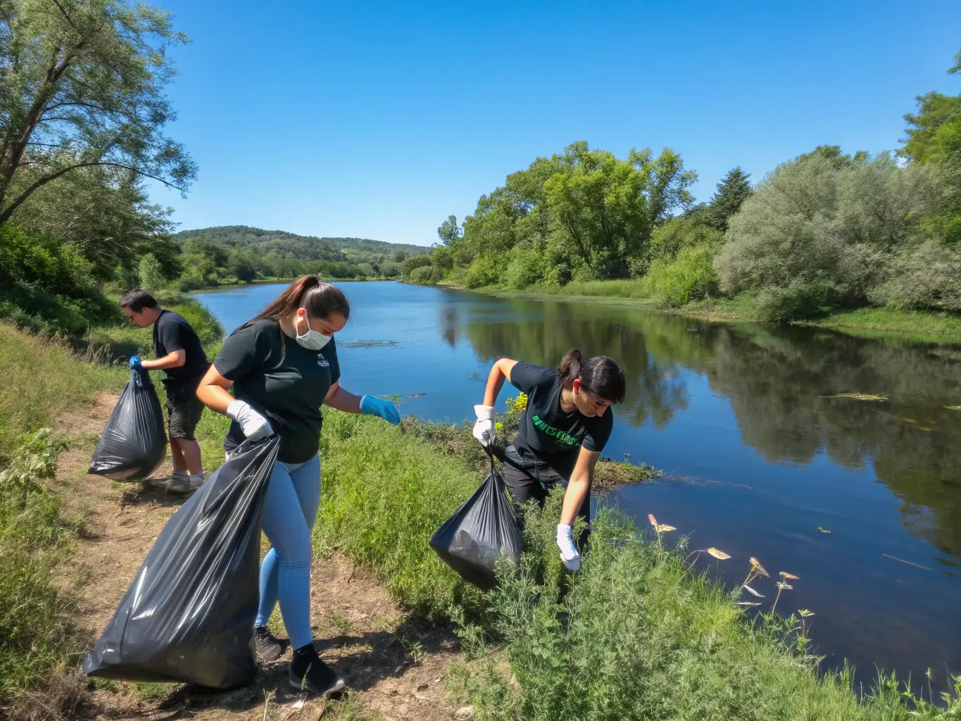 Volunteers participating in a clean-up event along the Dordogne River, representing the environmental awareness campaigns led by SEVAD EN CORREZE.