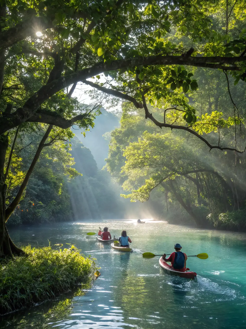 A vibrant image of a group of people kayaking on the Dordogne River surrounded by lush greenery, showcasing outdoor adventure and community participation.