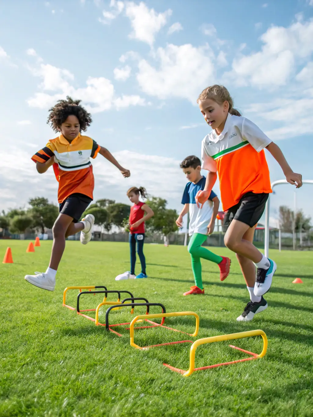 A group of children participating in an outdoor fitness class in a park in the Dordogne Valley, promoting physical well-being.